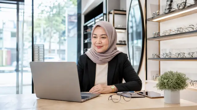 Membuka laporan outlet dari laptop di dalam toko